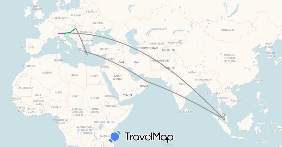 TravelMap itinerary: driving, bus, plane, train in Greece, Croatia, Hungary, Italy, Malaysia, Oman (Asia, Europe)